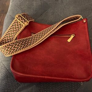 Red Crossbody Bag with Patterned Strap